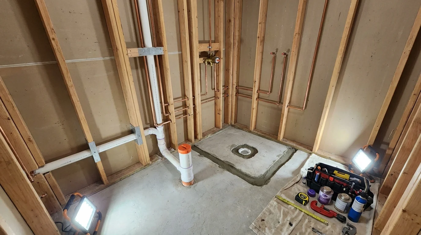 Bathroom rough-in plumbing during remodel by Johns Plumbing LLC in Olmsted Falls