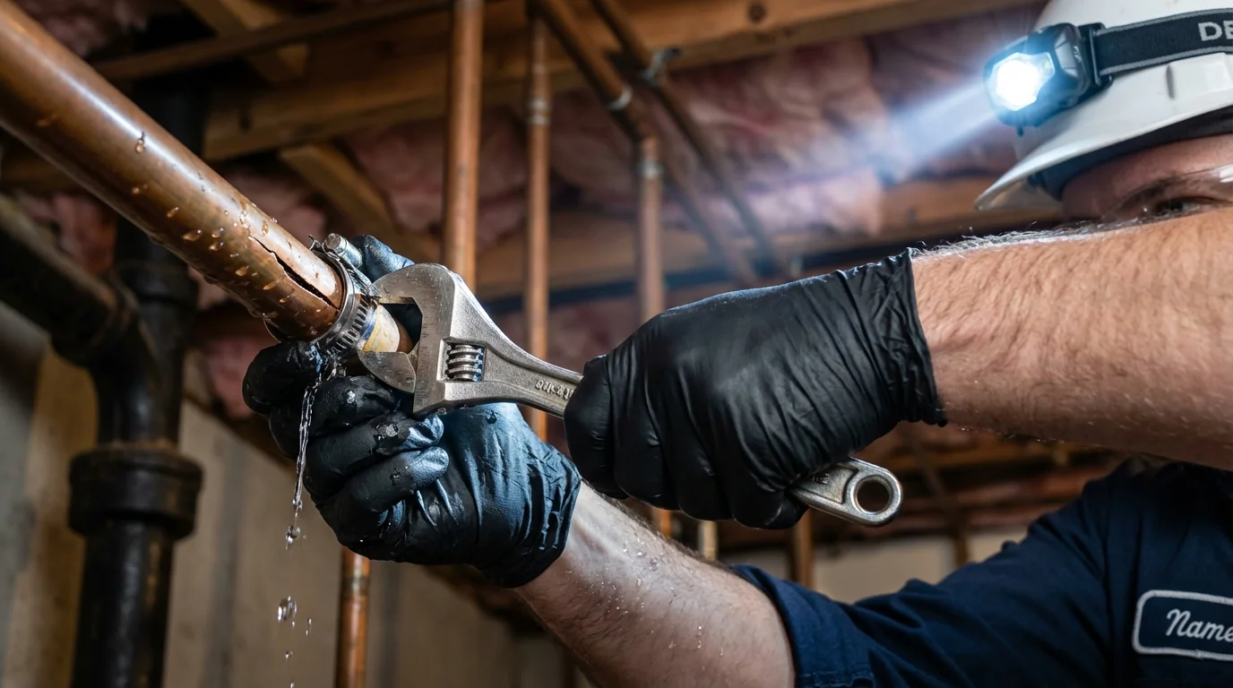Emergency pipe clamp repair being performed by a Johns Plumbing LLC plumber in Olmsted Falls