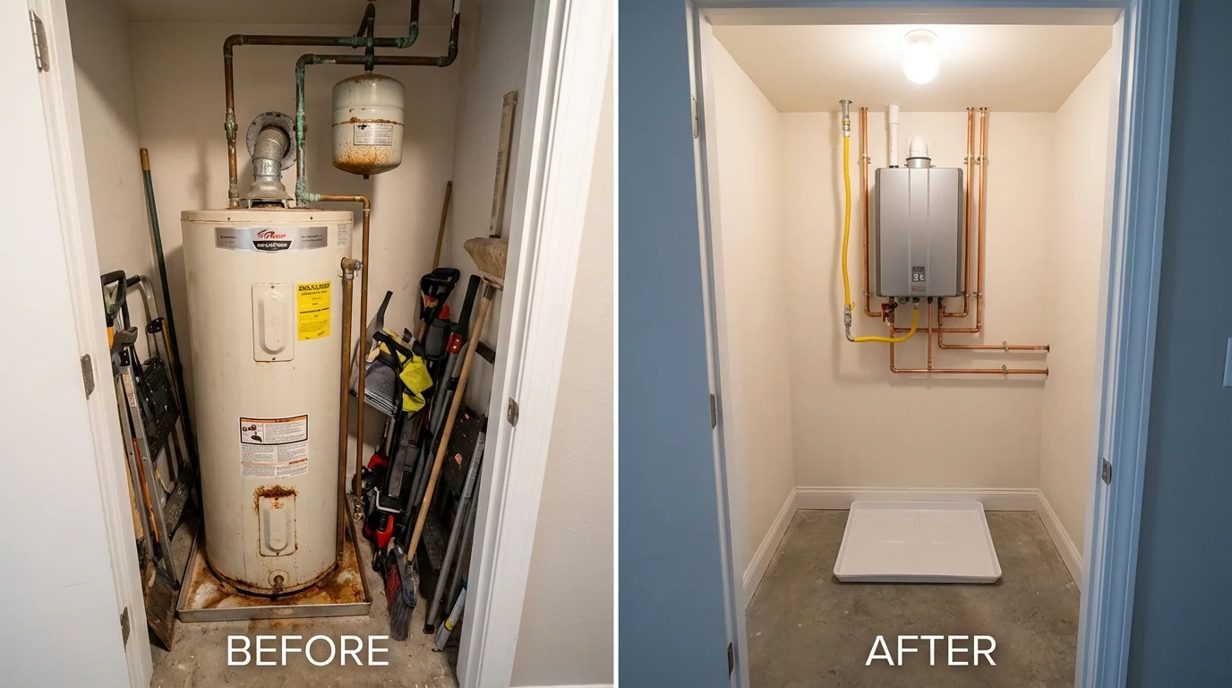 Tank water heater versus wall-mounted tankless unit comparison for Olmsted Falls, OH homeowners