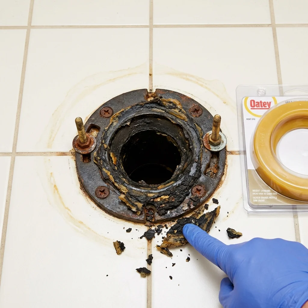 Failed wax ring showing water seepage at the base of a toilet in a Olmsted Falls, OH home