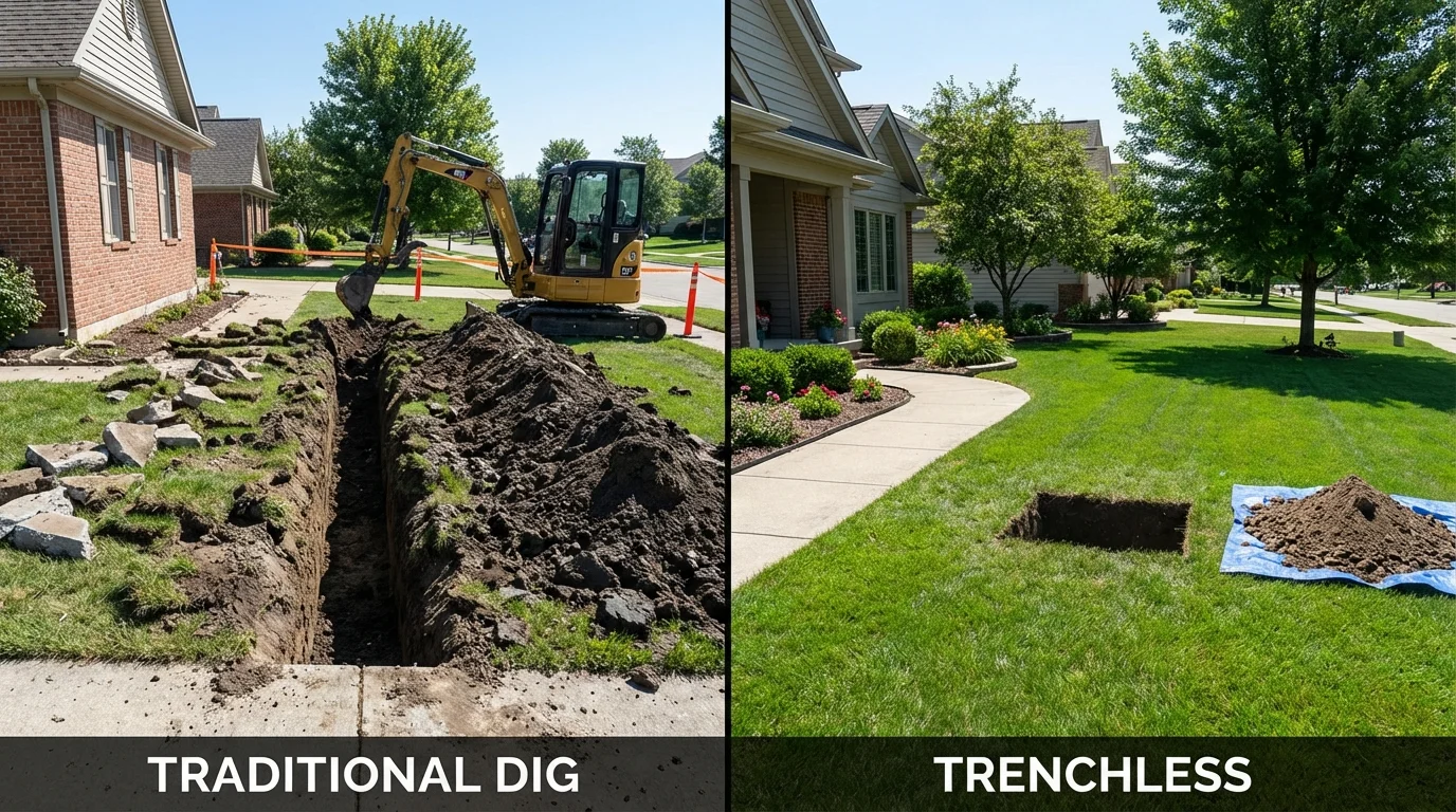 Trenchless sewer repair with minimal yard damage versus traditional excavation in Olmsted Falls, OH