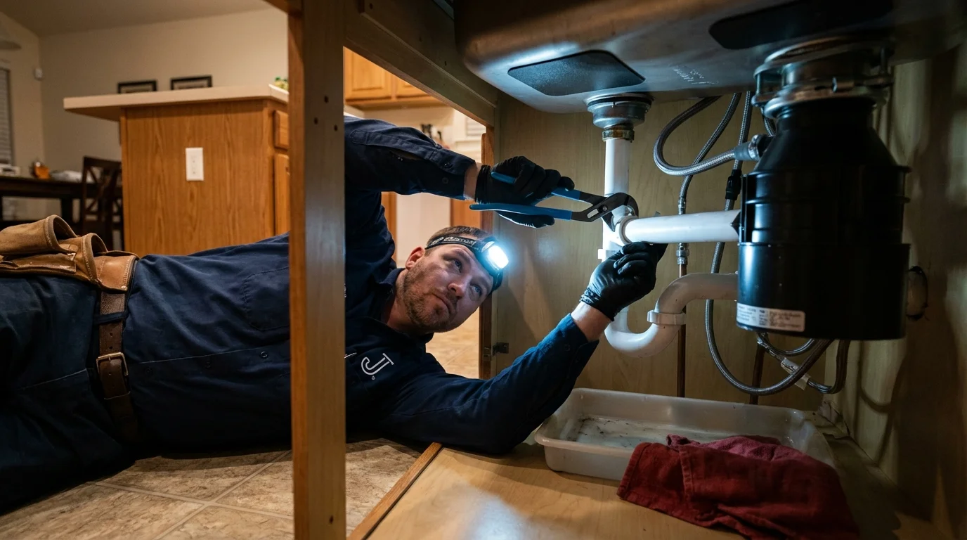 P-trap and supply line connections under a kitchen sink showing a common leak point in Olmsted Falls, OH